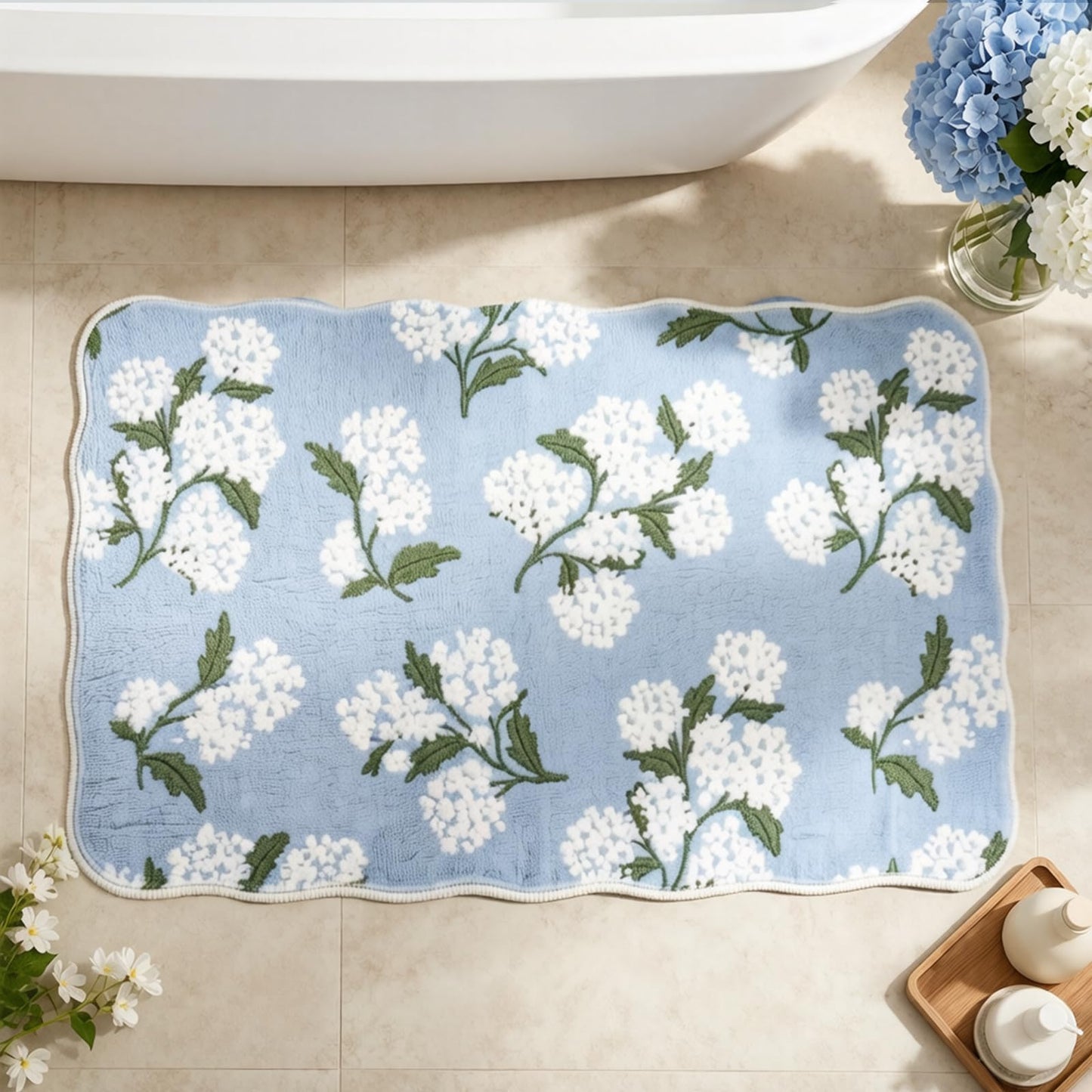 Whaline Hydrangea Rug Mat 32 x 20 Inch Blue Floral Scalloped Absorbent Bathmat Spring Flower Bathroom Rug for Home Bedroom Sink Shower Bathtub Decor