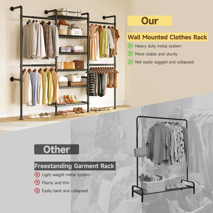 ONBRILL H3 Expandable Wall Mounted Closet System, 5.4FT-8.1FT Closet Organizer with 4 Telescopic Rods & 6 Wire Shelves, Industrial Pipe Clothing Rack for Walk-in & Reach-in Closet (Black)