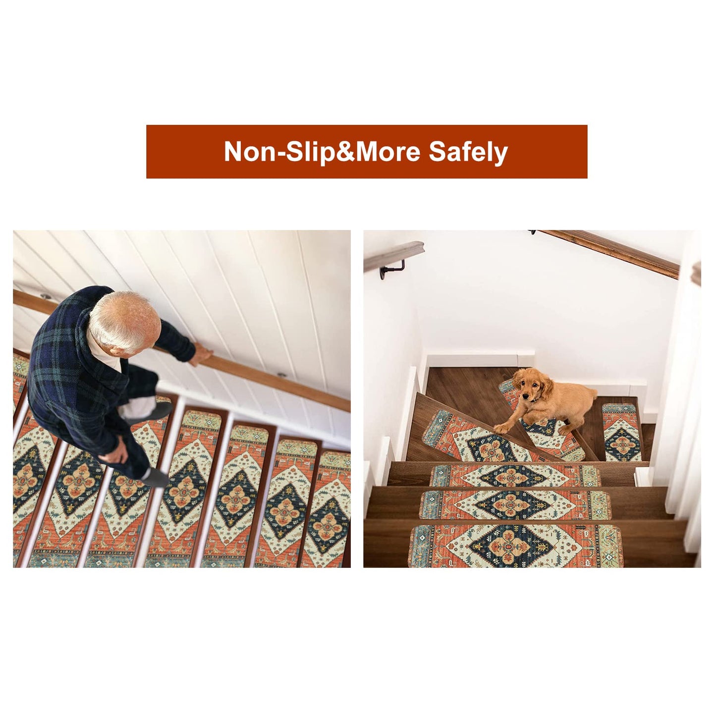 OJIA Non-Slip Carpet Stair Treads for Wooden Steps Set of 15, 30''X8'' Indoor Runner Resistant Rugs Rubber Safety Mats for Dogs, Kids & Elders, Stairway Grip