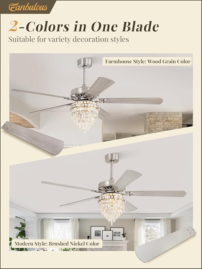 Fanbulous 60 Inch Modern Farmhouse Fandelier Ceiling Fans with Lights, Brushed Nickel Crystal Ceiling Fan Chandelier, 6 Speeds and Reversible, 3CCT, Indoor Ceiling Fan for Living Room Bedroom Kitchen