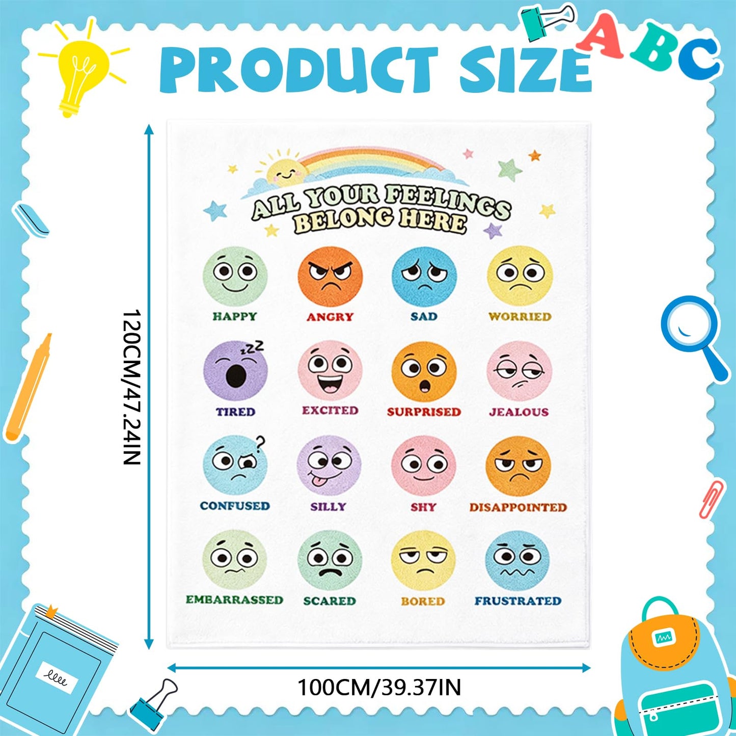 UJG 4×3.3 ft Back to School Calming Corner, Calm Down Corner, Classroom Rug, Feelings Chart Emotion Reading Rug Soft Fluffy Mental Health Floor Mat for School Living Bedroom Playroom