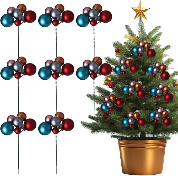 8 Pcs Vintage Christmas Tree Picks 7.87 Inch Christmas Balls Ornaments Xmas Hanging Decorations for Xmas Tree Topper DIY Wreath Holiday Floral Vase Fillers Crafts Home Decor
