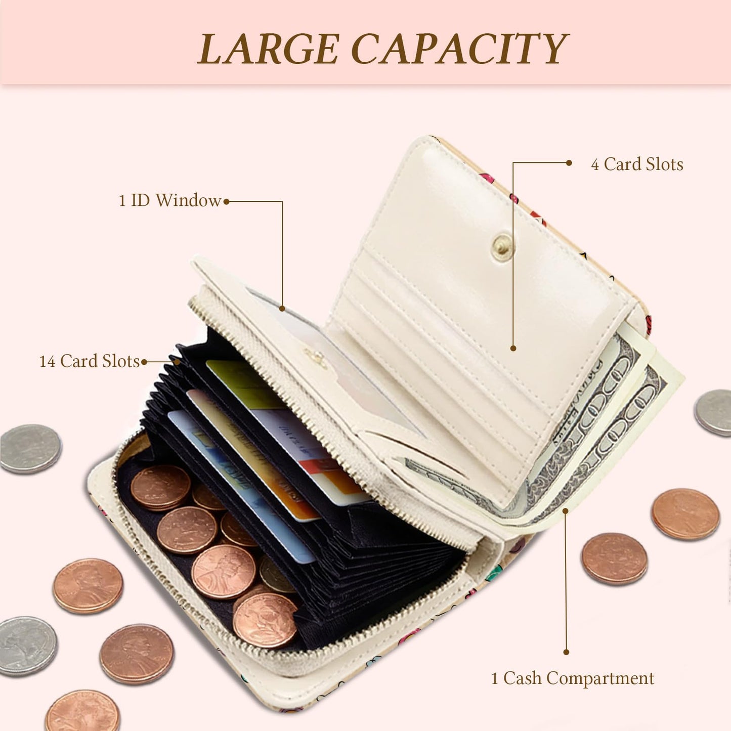 Wazzio Cute Dog Wallet for Women, PU Leather Accordion Wallet, Credit Card Holder with 1 ID Window 14 Card Slots, Zipper Coin Purse for Ladies Girls Teen Female