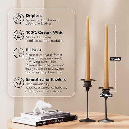 10-Inch Tall Dripless Taper Candles Set of 4 - Beige Tapered Candles, Perfect for Christmas - Smokeless, Unscented, Long Burning - Hand Poured, Colored Tall Candlesticks - Beige