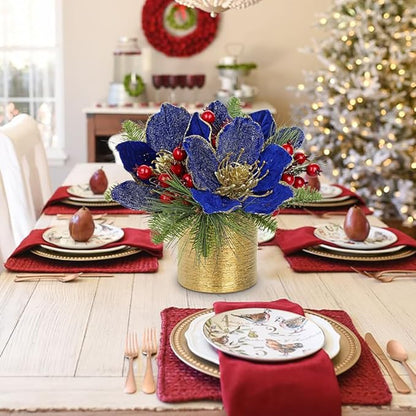 13 inch Blue Christmas Table Centerpiece 5" Glitter Magnolia Flower and Berries Fir Greenery Artificial Christmas Floral Centerpiece in Silver Ceramic Pot Tabletop Xmas Table Arrangement Decor