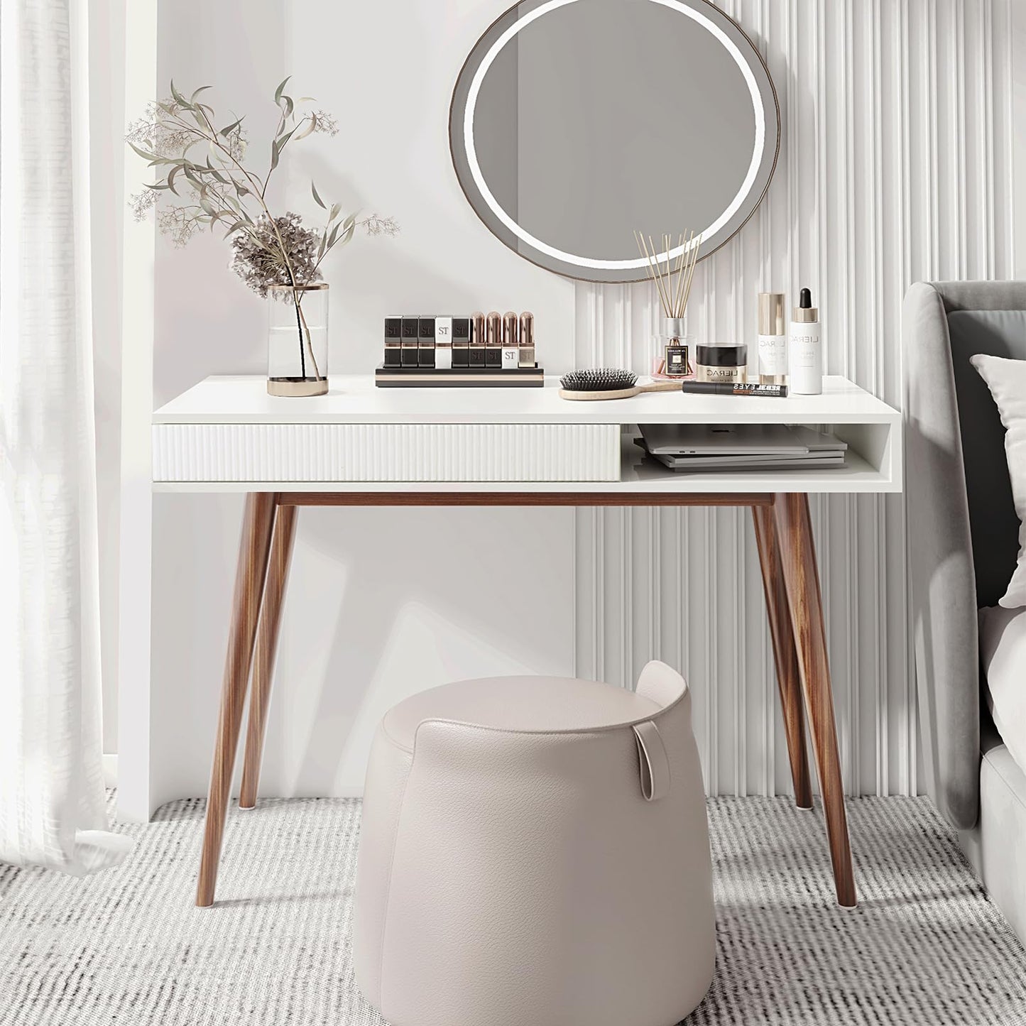 Artswish White Writing Desk with Drawers Mid Century Modern Desk, Wood Office Computer Desks for Small Space, White Desks with Walnut Legs