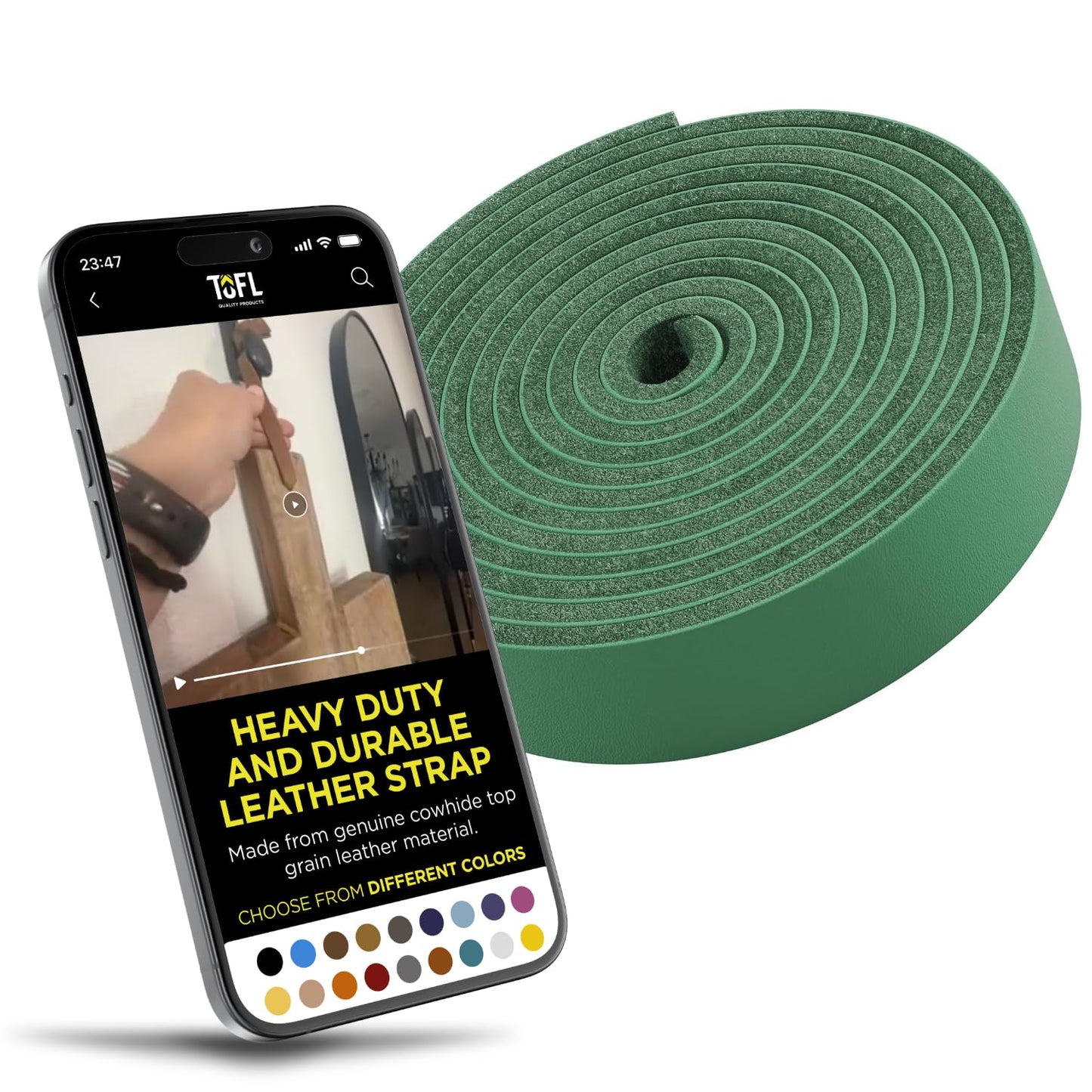 TOFL 3/4" Wide Leather Strap | Leather Strips for Crafts, Jewelry, & Furniture Projects | 72" (6 Feet) Long x 3/4" Wide x 1/8" Thick (7-8oz) | Leaf Green