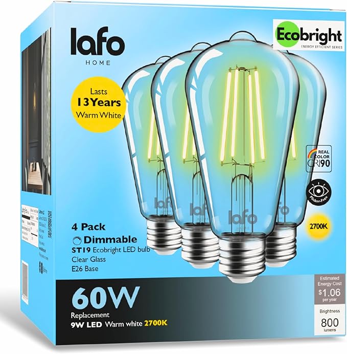 EcoBright ST19/ST64 LED Filament Bulbs, Dimmable, 60W Equivalent, 9W, 800 Lumens, 2700K Warm White, CRI90+, E26 Base, Flicker-Free, Edison Chandelier, ETL/FCC Certified (4 Pack)