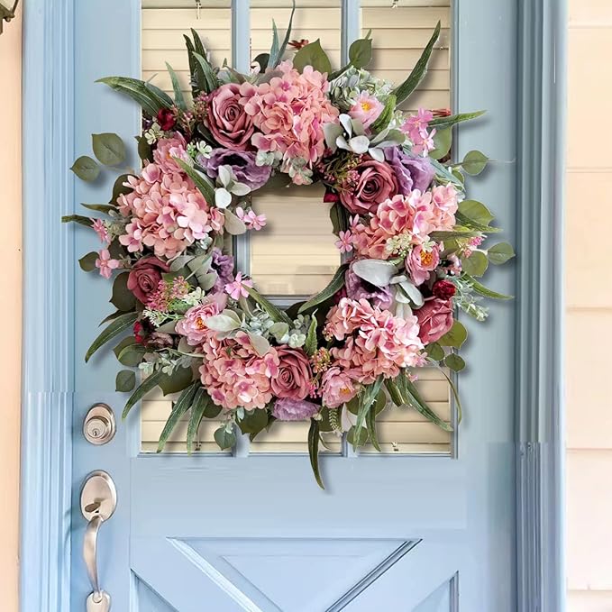 WANNA-CUL 24 Inch Spring Hydrangea Wreaths for Front Door,Spring Front Door Wreath with Rustic Pink Rose and Peony Flower for Wedding or Indoor&Outdoor Decoration