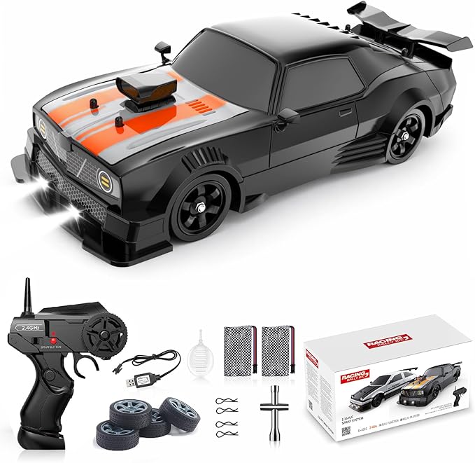 Remote Control Car RC Drift Car 1:16 Scale 4WD 18KM/H High Speed Model Vehicle 2.4GHz with LED Lights Spray Rubber Tire Racing Sport Toy for Adults Boys Girls Kids Gift 2Pcs Rechargeable Batteries