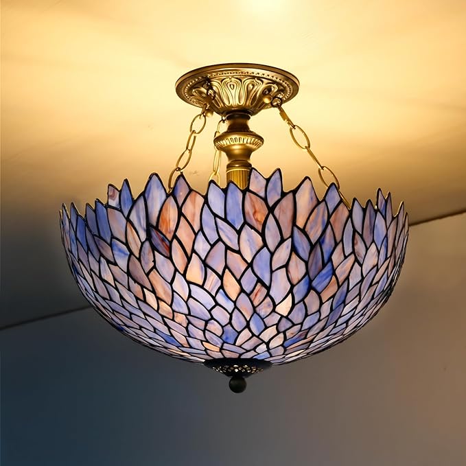 Tiffany Ceiling Light Fixture Deep Blue Purple Wisteria Stained Glass Semi Flush Mount Lamp Wide 16 Inch Height 15 Inch Tiffany Ceiling Lamp (Blue)