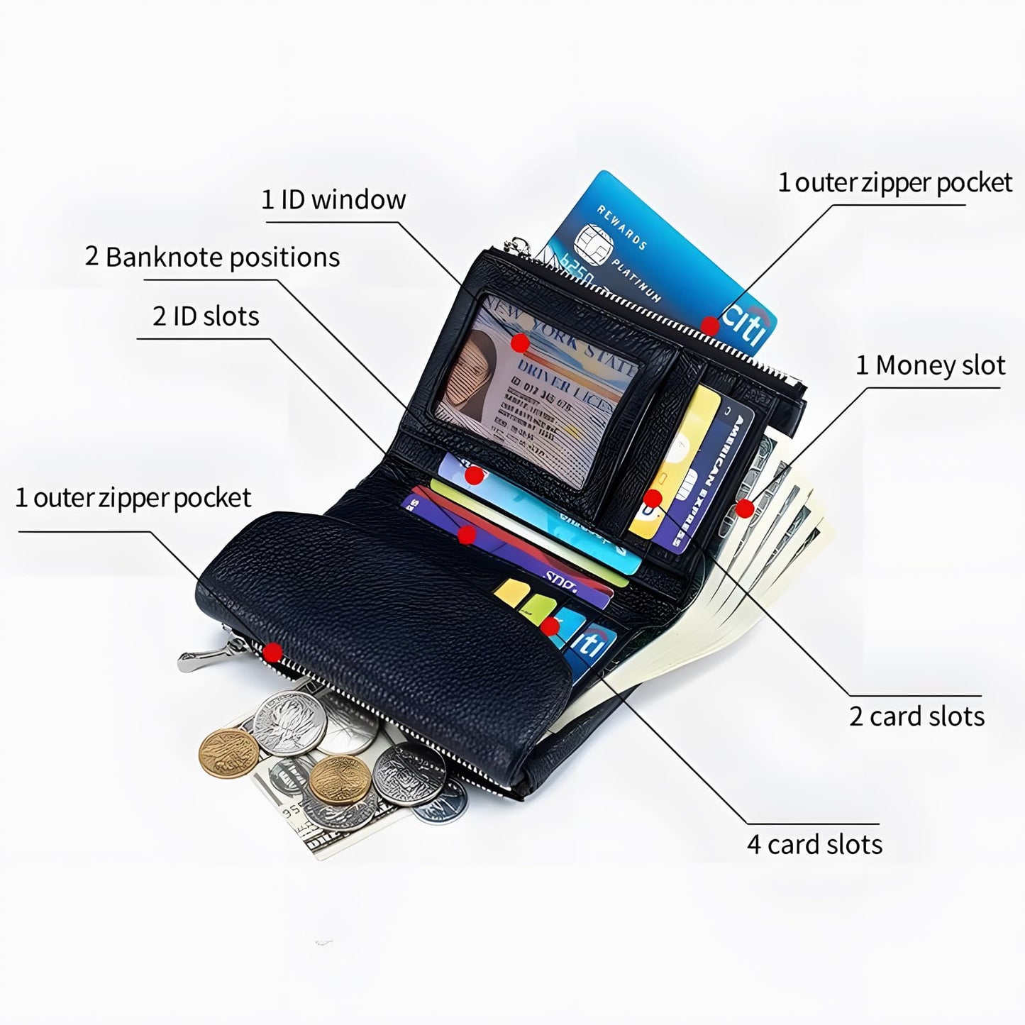 Unisex Pebble Leather Wallet, 5.3In Short Genuine Leather Coin Card Holder, Two zippered pockets, Unisex Clutch Bags, Can Hold Coins, Cards, Id Cards (Silver)