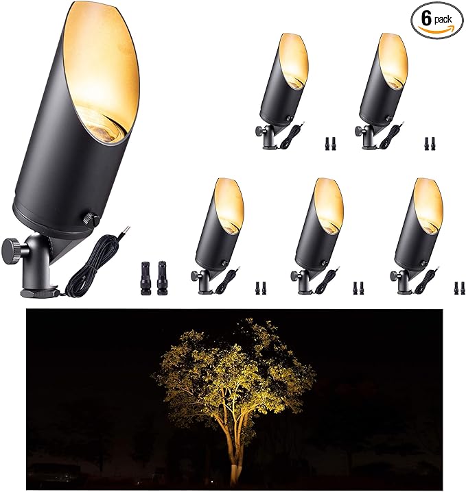 Gardenreet 12V Spot Lights Solid Brass - Black Outdoor Low Voltage Landscape Spotlight, Wired LED Uplights Waterproof, Stretchable Shroud Electric for Patio Wall Without MR16 Bulb (6 Pack)