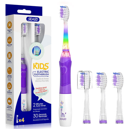 SEAGO Kids Electric Toothbrush with 2 Mins Brushing Timer and 4 Replacement Bursh Heads, Rainbow LED Light Make Brushing Fun, Boys Battery Powerd Toothbrush for 4-12 Years Old，SG-977 (Light Blue)