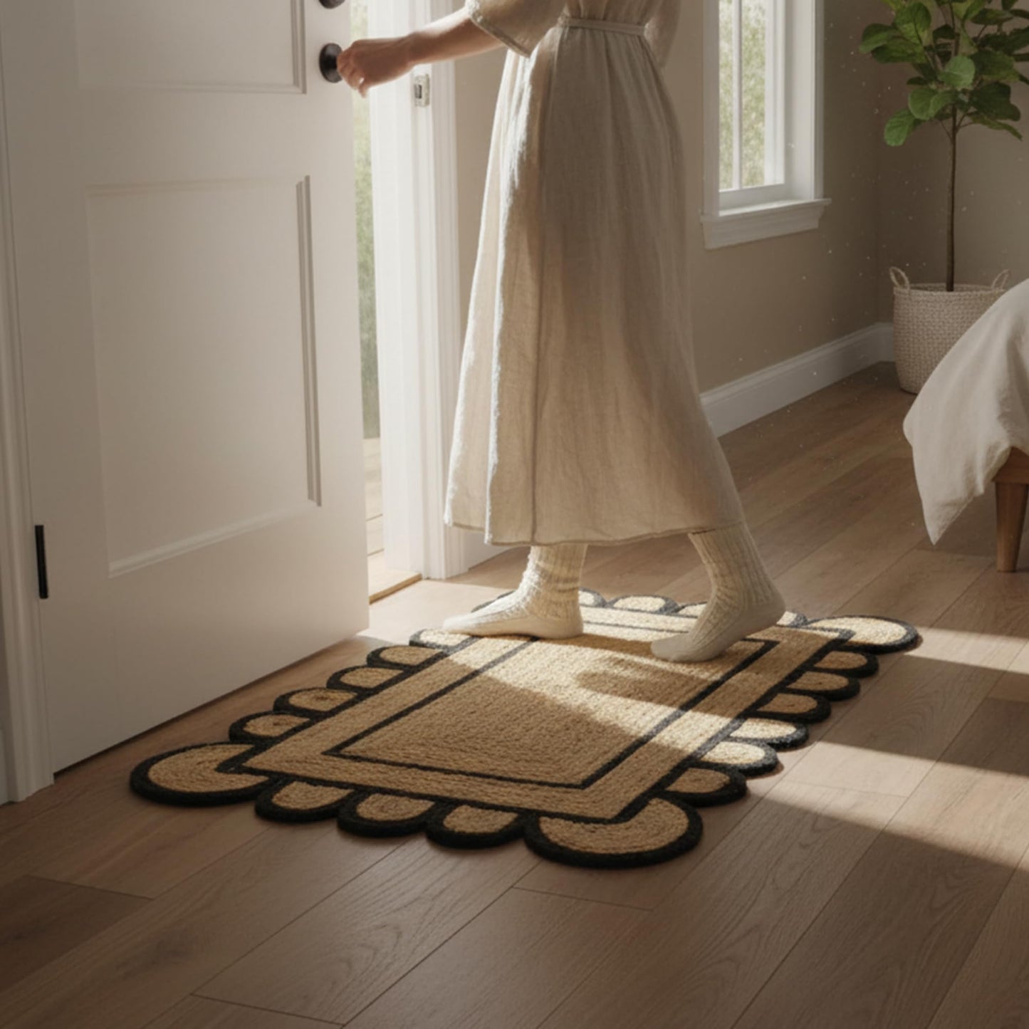 Braided Scalloped Jute Rug Natural with Black Trim, Handmade Farmhouse Boho Area Rug for Entryway, Kitchen, Hallway, Living Room, Bedroom, Rustic Woven Floor Rug - (Black- 2X3 ft)