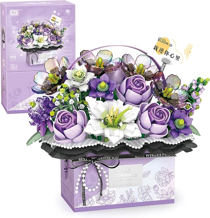 MEIEST Flower Bouquet Building Blocks Model SetSimulation Artificial Rose Handheld Gift BoxBonsai Plant Building Bricks ToysHome Decor (Mist Purple)