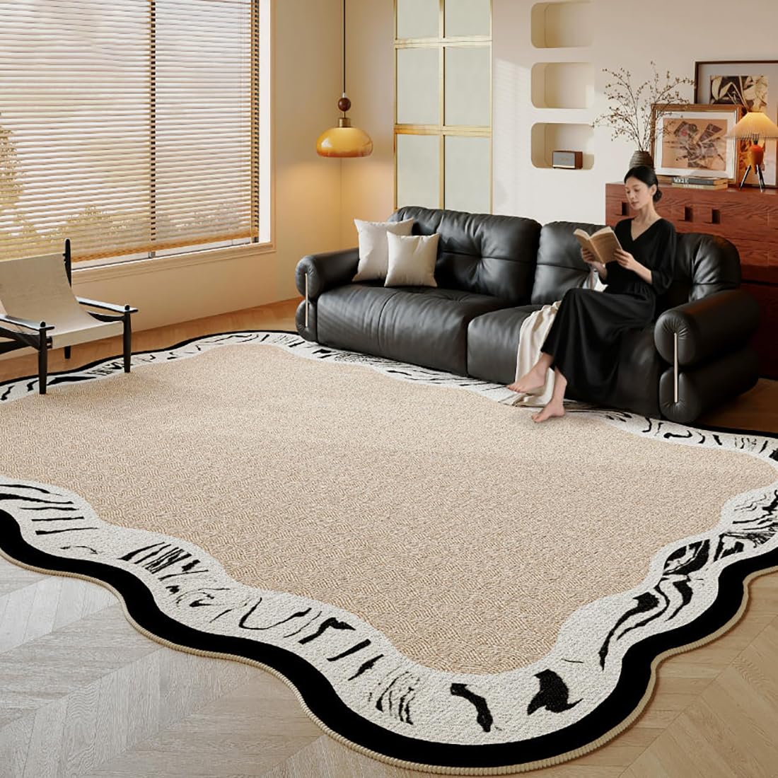 Irregular Shaped Rug with Scalloped Edges Black Beige Solid Modern Abstract Washable Area Rugs for Living Room Bedroom Nursery Playroom Contemporary Aesthetic Non-Slip Indoor Accent Carpet 2x3