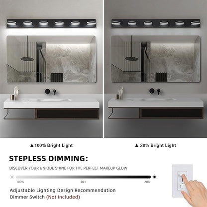 6-Light Bathroom Vanity Light Over Mirror, Matte Black LED Vanity Lighting Fixtures, Modern Bathroom Wall Light Fixtures with 360°Rotating Lamp Head (Cool White 5500K) (Black, 47Inch)