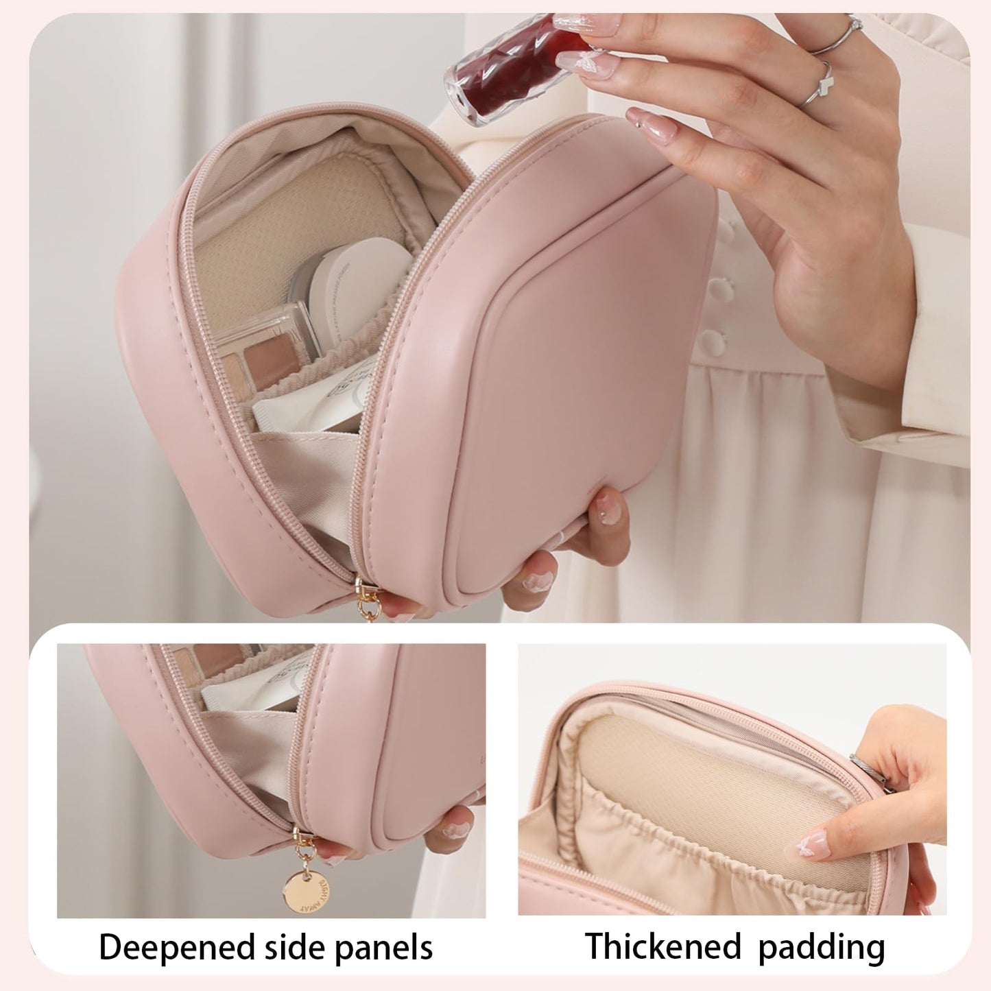 RIGHT AWAY Small Makeup Bag for Purse,Cosmetic Bag Organizer for Women,Waterproof PU Leather Make Up Pouch Toiletry Bag with Pockets,Portable Makeup Case for Travel Accessories&Accessories(Pink)