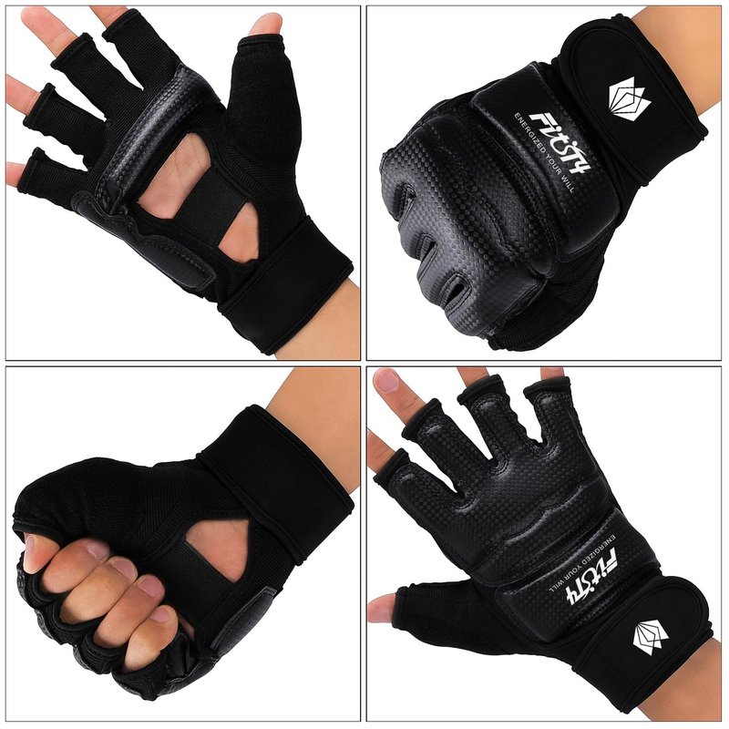 FitsT4 Sports Half Mitts MMA UFC Training Boxing Punch Bag Kickboxing Sparring Grappling Martial Arts Muay Thai Taekwondo Wrist Wraps Support Gloves for Women Men Kids Black L
