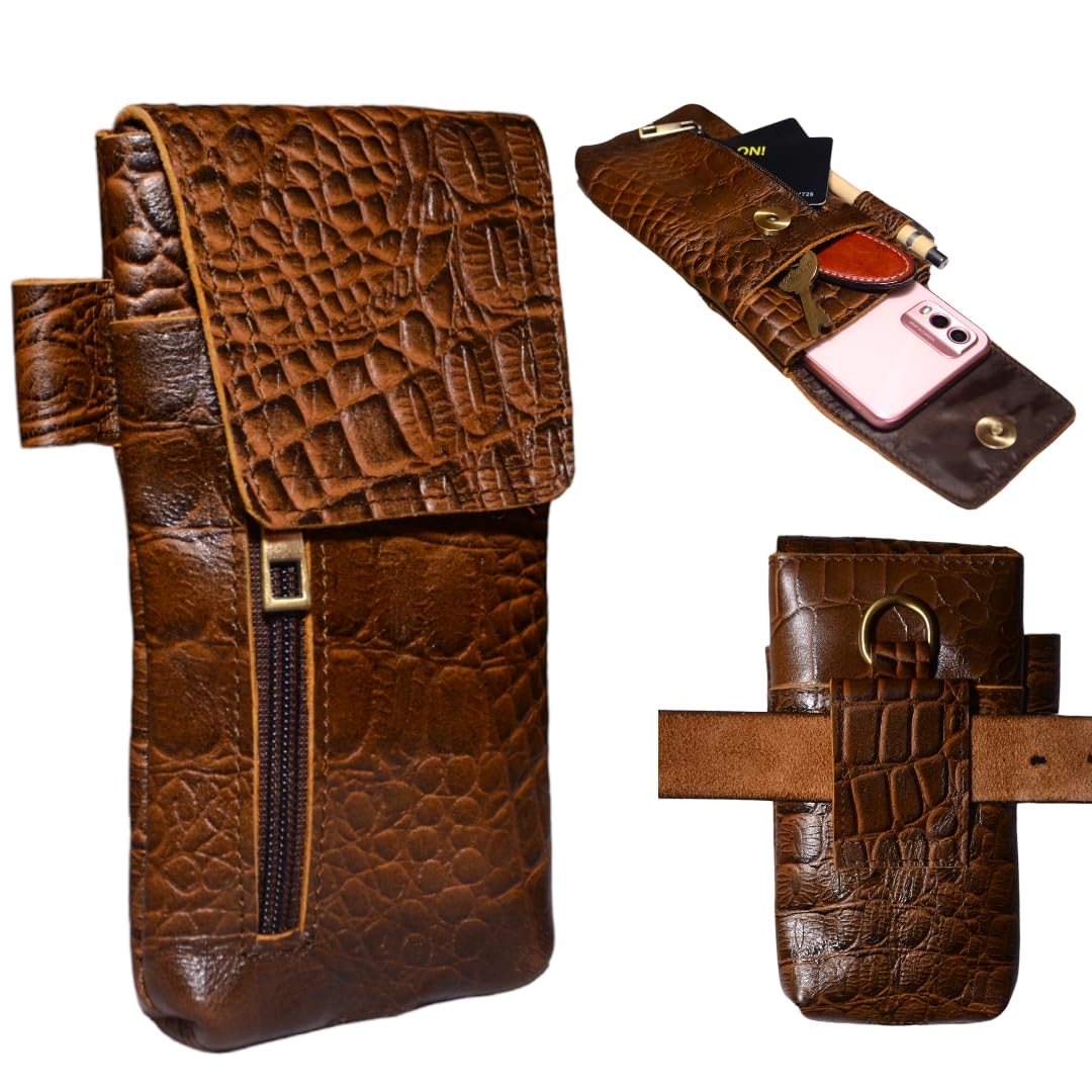 Genuine Full-Grain Buffalo Leather Cell Phone Holsters – 7” H x 3.5" W Leather Cell Phone Holster Large Smartphones – Secure & Durable Phone Belt Holder (Crocodile Print) (Croco Tan)