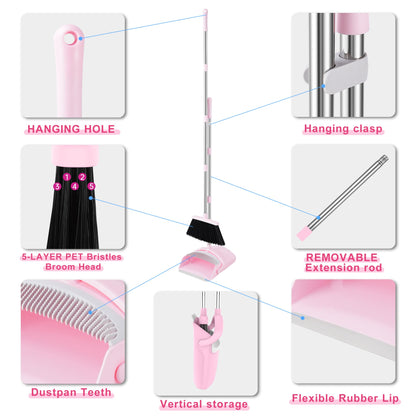 BSKLIN Broom and Dustpan Set for Home, 52” Long Handle Broom with Dustpan Combo Set with Dust Pan Teeth to Clean Hair Sweeping Set for Kitchen Hardwood Floors Pet Hair (Pink)