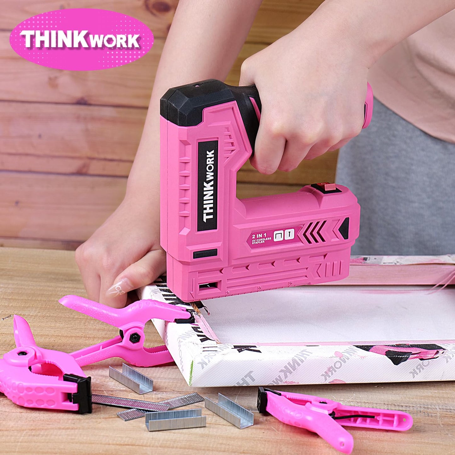 THINKWORK Pink Electric Staple Gun - 2 in 1 Nail Gun Battery Powered with 1000Pcs Staples and Nails, 4V Cordless Upholstery Staple Gun for Wood, Brad Nailer with USB Charger for Carpentry, Crafts, DIY