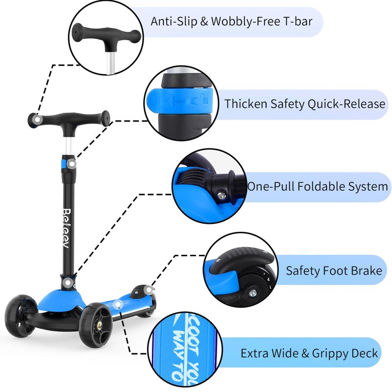 BELEEV Kids Scooter with LED Light-Up Wheels & Deck, 3 Wheel Folding Scooter for Toddlers Girls Boys Ages 3-12, Adjustable Handlebar, Lean to Steer, Extra Wide Wheel, Kick Scooter for Children (Blue)