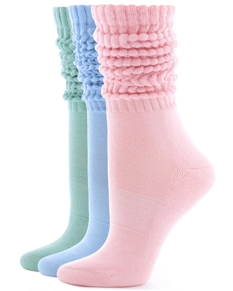FITRELL Slouch Socks for Women, 3 Pairs Soft Cotton Knee High Scrunch Tube Boot Socks, Light Pink+Green+Blue, Shoe Size 6-8