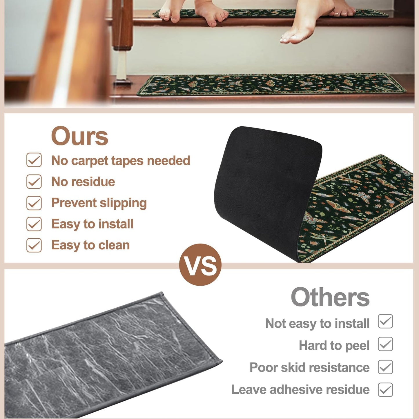 OJIA Insect Print Stair Treads Non Slip Stair Runners for Wooden Steps Indoor, 15PCS 8"x30" Rubber Backing Carpet Treads for Wood Stairs Staircase Step Treads for Kids & Dogs, Stair Covers, Black