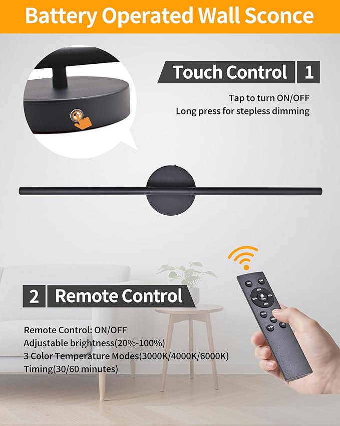 Wireless Wall Sconces Set of 2 Led，28Inch Battery Operated Wall Lights with Remote Control，360°Rotate Dimmable Wall Lamps for Living Room, Bedroom and Hallway (Black)