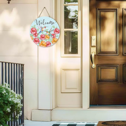 Summer Hummingbird Welcome Door Sign Floral Birds Sign for Front Door Wall Decor Summer Flower Wooden Door Hanger Seasonal Wreath Farmhouse Hanging Home Outdoor Decorations 12 Inch