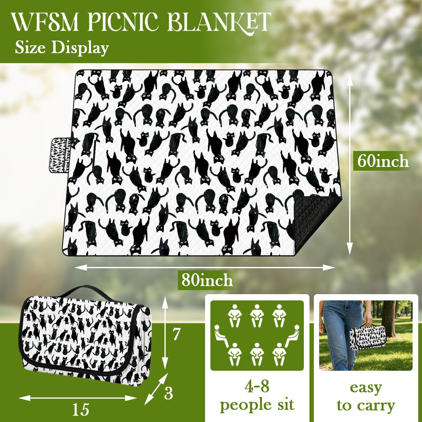 WFSM Black Cat Gifts Picnic Mat 80x60 Inch, Cat Mom Dad Lover Gifts Outdoor Play Mat for Adults and Toddlers Waterproof Sandproof Beach Blanket Travel Camping Rug