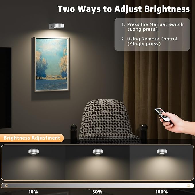 3PCS Picture Lights,3 Colors Paintings Light Rechargeable Battery Wall Light Dimmable and Timer Metal Art Light for Paintings,Display, Wall, Artwork, Gallery (Silver)