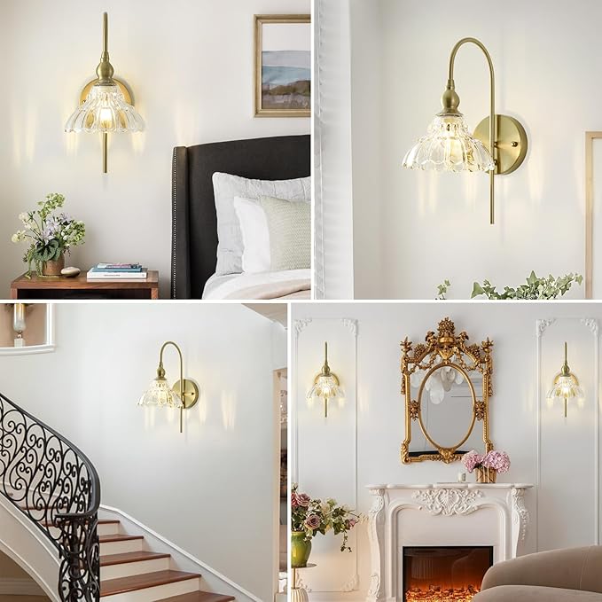 Vintage Wall Sconces with Clear Flower Glass Lampshade, Indoor Bath-Room Wall Sconce, Modern Gold Industrial Lighting Fixture for Mirror Living Room Hallway 2 Pack