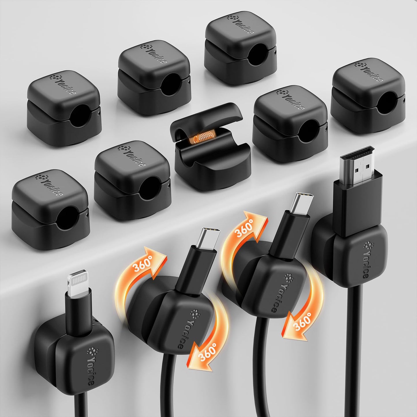 Yocice 12Pack Rotatable Cord Organizer,Spring Cable Clips Desk Cable Management Cord Holder Adhesive Phone Charger Cord Clips for Home Office Car Wall Nightstand Accessories, Black
