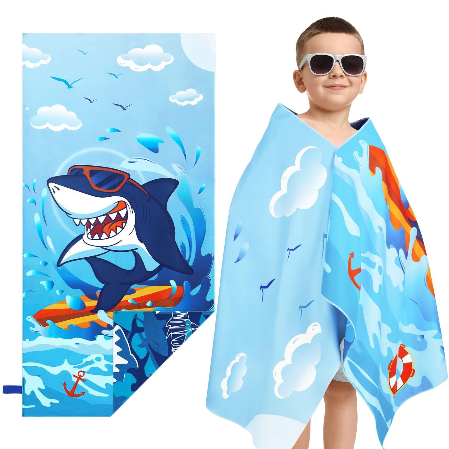WERNNSAI Shark Kids Beach Towel for Boys, 30”x 60” Microfiber Double-Sided Beach Towel for Kids Quick Dry Sand Free Pool Towel Personalized Toddler Beach Towel Travel Swim Camping Towel