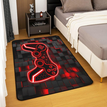 Feelyou Kids Gamer Area Rug 3x5 Red and Black Rugs for Living Room Bedroom for Boys Teens Room Decor Gaming Ombre Decorative Rug Set Geometric Square Indoor Floor Mat