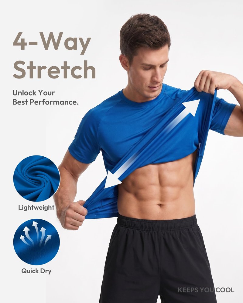 MCPORO Workout Shirts for Men Short Sleeve Quick Dry Athletic Gym Active T Shirt Moisture Wicking 5 Pack Black, Light Grey, Navy, Blue, Light Blue X-Large