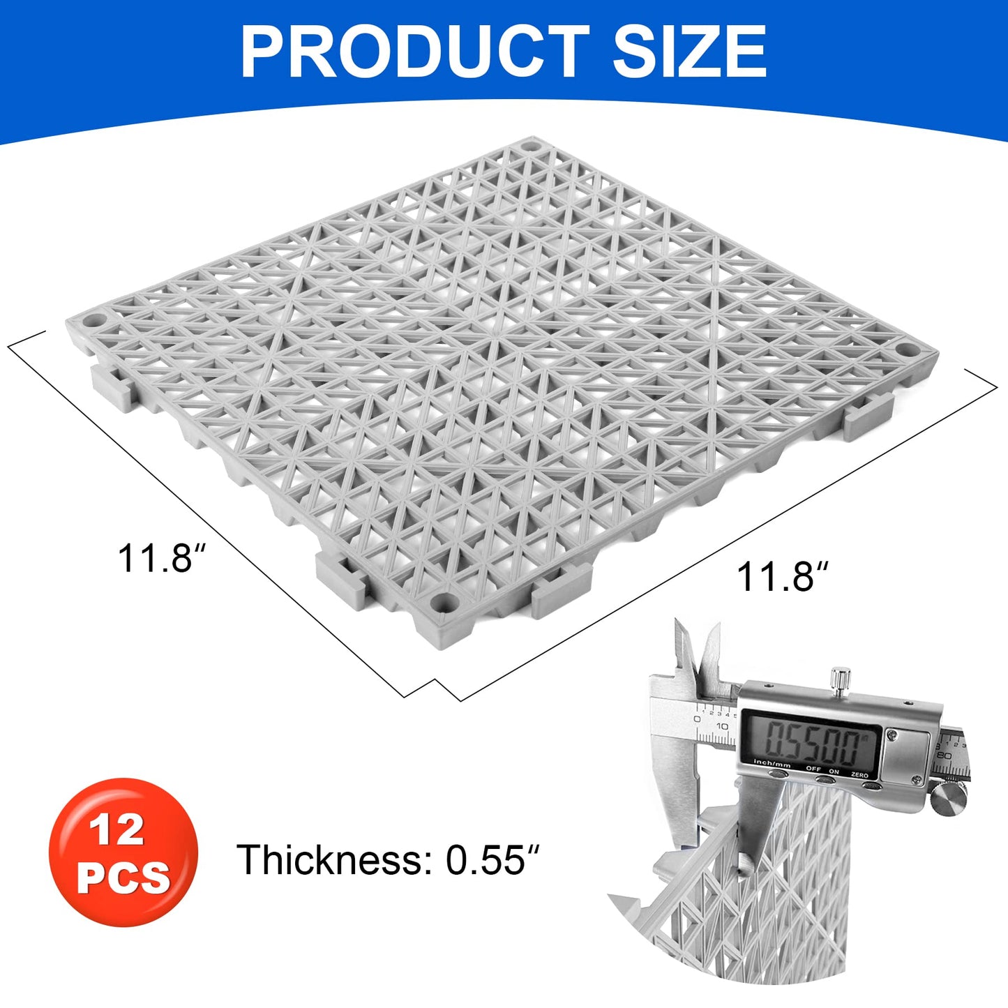 MYFAMIREA Modular Interlocking Cushion 12 Pack 11.8" x 11.8" Rubber Floor Tiles Non-Slip Splicing Drainage Mats for Deck, Pool, Outdoor Shower, Patio, Balcony, Indoor Bathroom, Kitchen, Yard (Gary)
