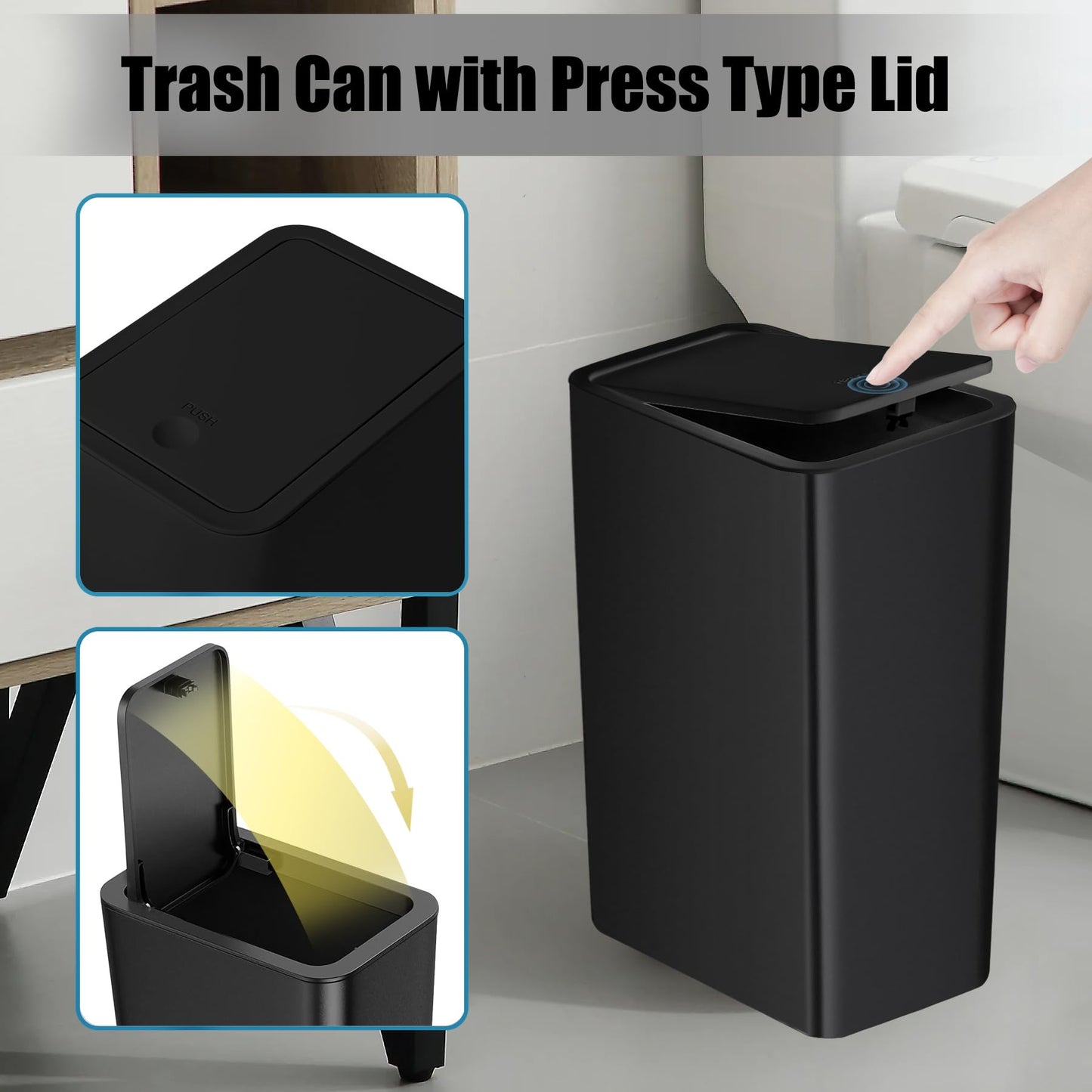 TIPGO Bathroom Trash Can with Lid, 10 Liter/ 2.6 Gallon Slim Garbage Can, Small Trash Bin Waste Basket with Pop-Up Lid for Kitchen, Bedroom, Living Room, Office (Black)