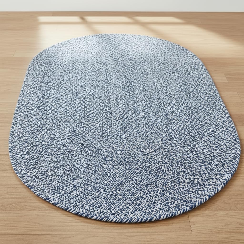 Super Area Rugs Oval Braided Rugs for Kitchen - Cotton Braided Rug 2x3 - Oval Soft Bathroom Throw Rugs, Woven Rug for Bedside, Blue & White