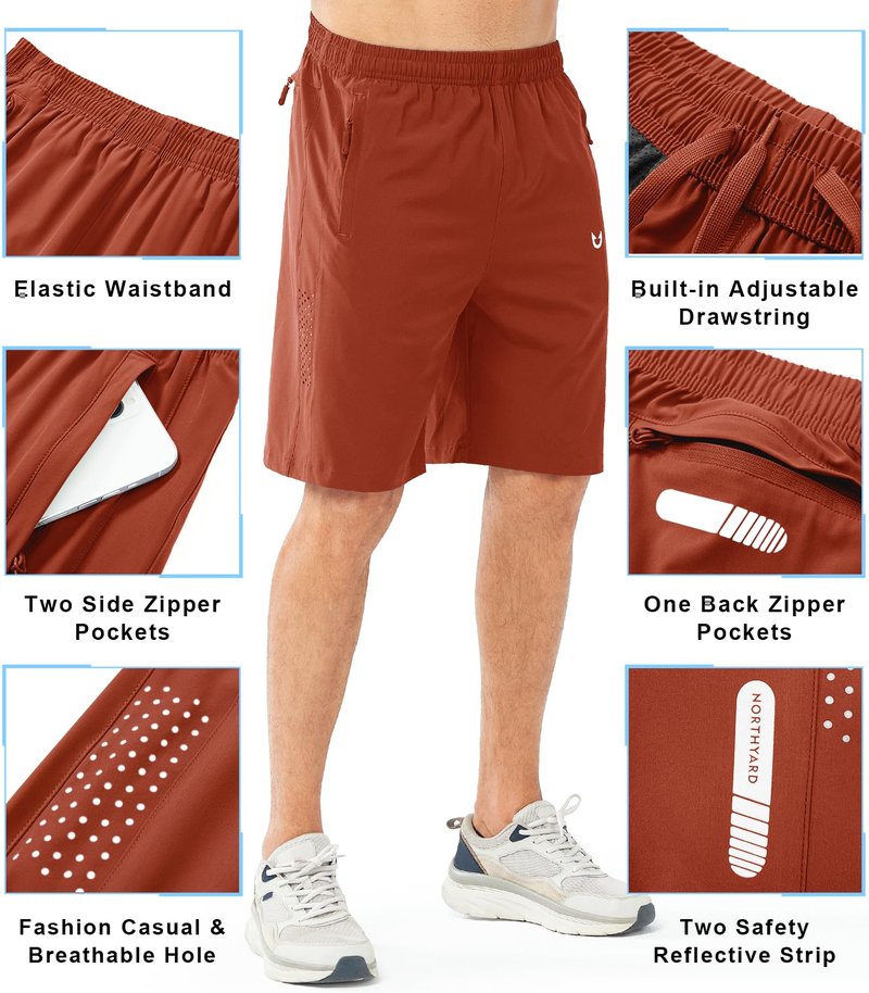 NORTHYARD Men's Athletic Running Shorts Gym Workout 7"/9"/5" Quick Dry Lightweight Sports Basketball Tennis 3 Zipper Pockets REDCLAY-9inch M