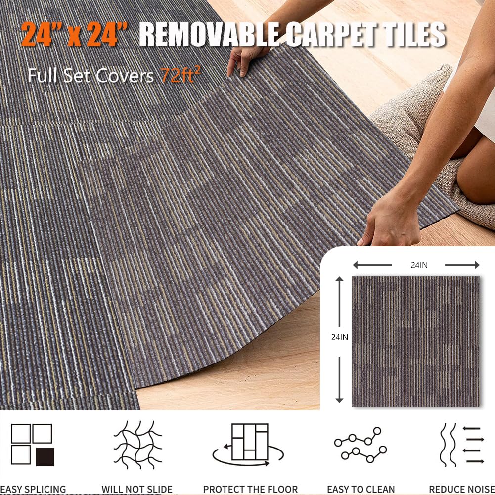 18 PCS Commercial Carpet Tiles 24"x24" (72 Sq Ft) Heavy Duty Carpet Squares with Non-Slip Backing, Modular Floor Tiles for Office, Basement, Home (Brown)