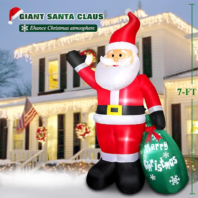 7FT Christmas Inflatable Santa Claus with Gift Bag, Blow up Giant Santa Claus Indoor Decoration, Built-in LED Lights for Lawn Patio Garden Home Display Hall Xmas Holiday Vacation Party Outdoor Decor