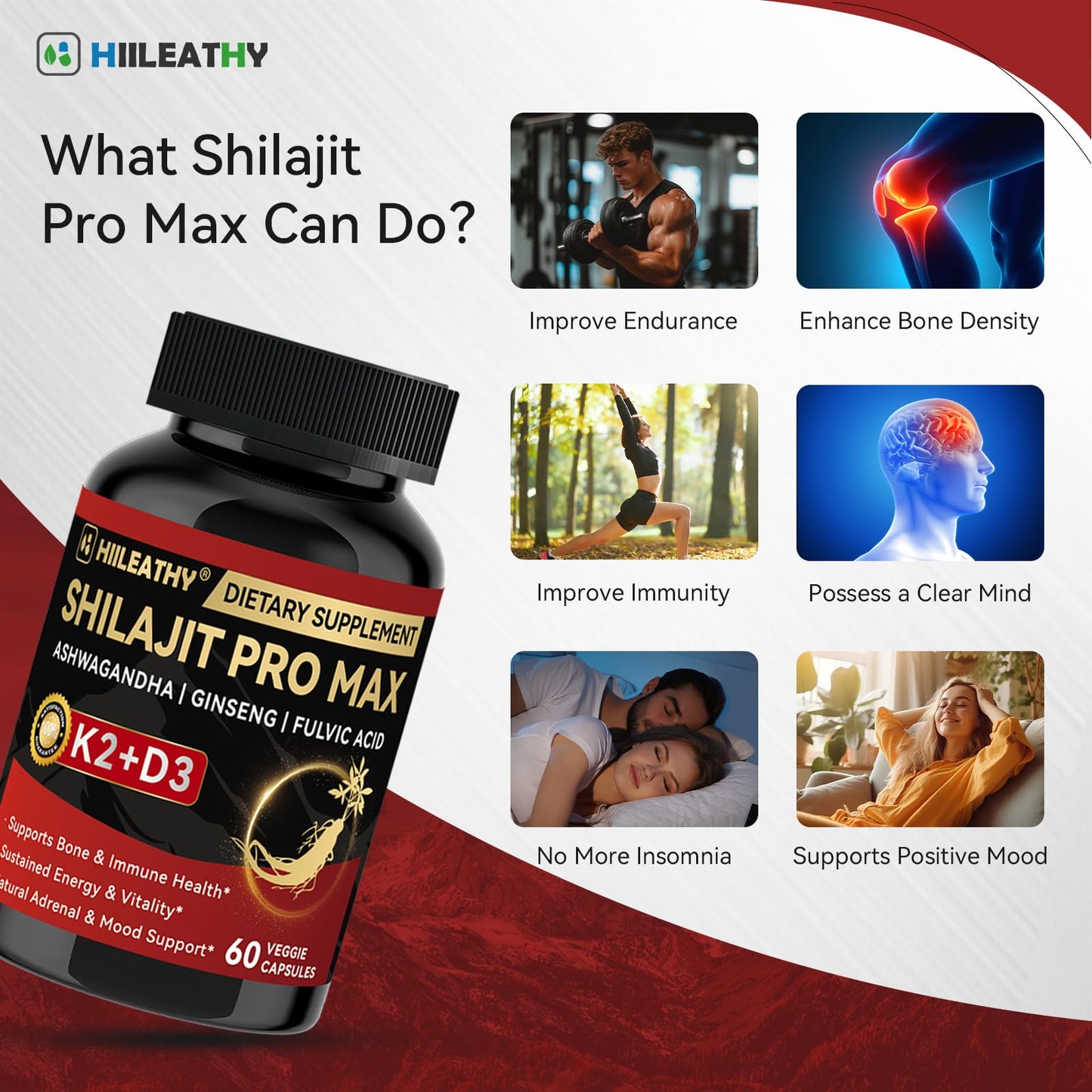 HIILEATHY Shilajit for Men Women, Shilajit w/Vitamin D3 K2, Shilajits for Men w/Fulvic Acid Ashwagandha Ginseng Root, Shilajits for Extra Power Stamina Immune Support, Non-GMO Made in US 60 Capsules