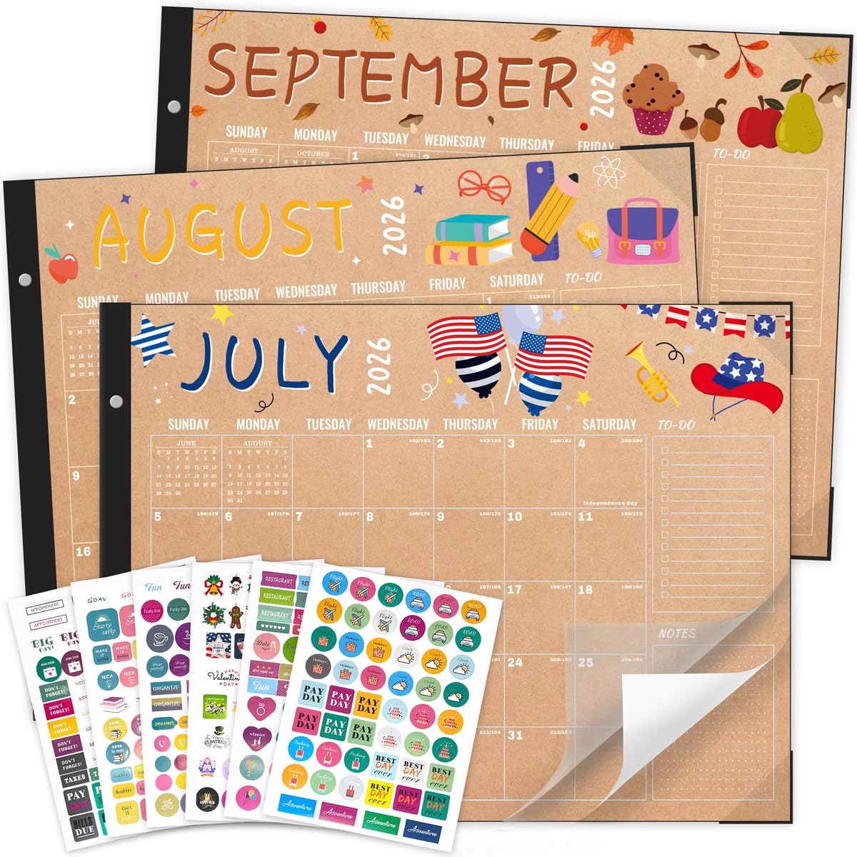 Desk Calendar 2026-2027, Large 22"x17", 18 Months from July 2026 to December 2027, Desktop Calendar with Plastic Cover and Colorful Stickers, Ideal for Home, Office, and School Planning, Doodle Kraft (July.2026-Dec.2027)