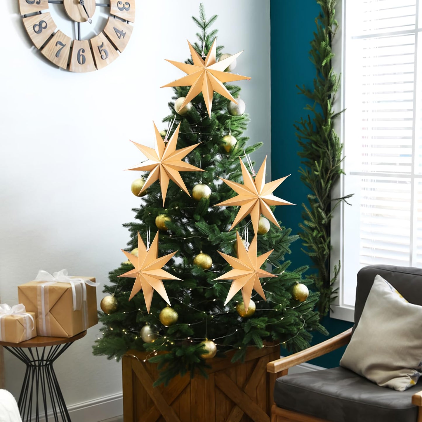 SUNBEAUTY 5 Pcs 9-Pointed Natural Paper Star Lanterns 12 Inch Christmas Hanging Lamp Rustic Paper Decorations Shade Wedding Birthday Christmas Home Party Decorations