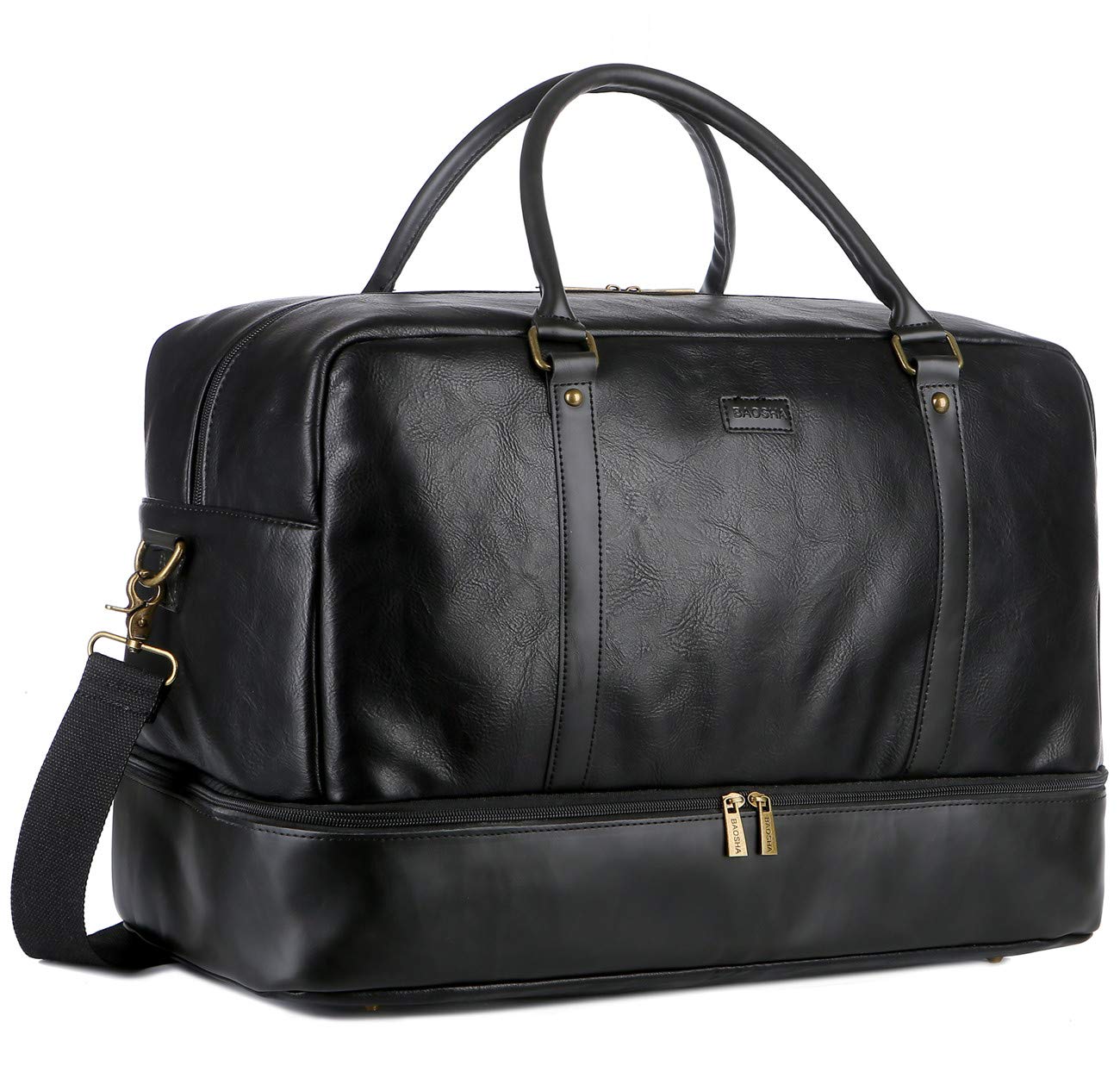 BAOSHA Vegan Leather Large Travel Duffel Tote Bag Carry On Weekender Overnight Bag With Shoe Compartment HB-38 (Black)