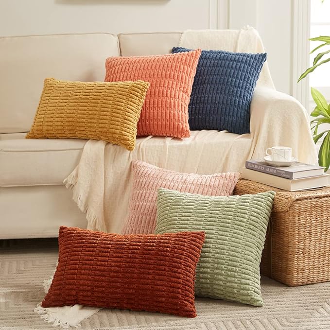 Fancy Homi Rust Decorative Throw Pillow Covers 16x16 Inch for Living Room Couch Bed Sofa, Soft Striped Corduroy Square Cushion Case 40x40 cm, Terracotta Rustic Farmhouse Boho Home Decor